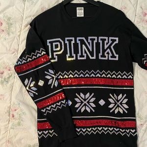 Pink Victoria secret sequin Christmas sweatshirt xs fits oversized